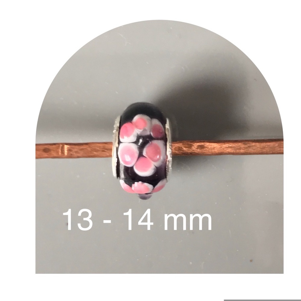Oker Brand Bead pink flowers and black background 13 -14 mm 925 Euro Style